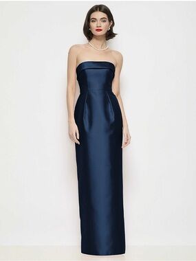 Dessy Collection Strapless Navy Satin Column Gown